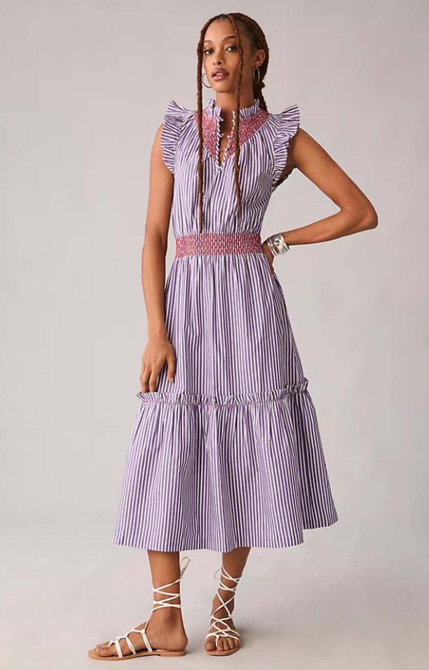 Clare V. Joelle Midi Pinafore Dress in Purple & White Stripe Size XXL